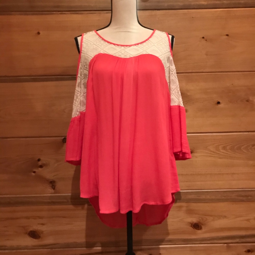 Coral Cold Shoulder Top with Cream Lace